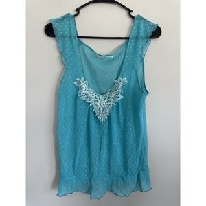 Vintage‎ 90s Y2K Tank Top Turquoise Lace Mesh Boho Fairy Grunge Whimsigoth XL